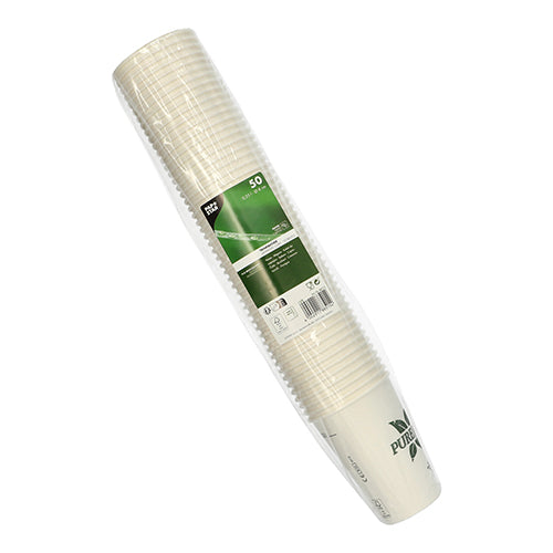 Ένα πακέτο με 50 λευκά PAPSTAR χάρτινα ποτήρια Pure Joy (Ø 8 cm, 10,8 cm ύψος) της PAPSTAR GmbH, συσκευασμένα σε διαφανές πλαστικό με πράσινη-λευκή ετικέτα με πληροφορίες προϊόντος και branding.