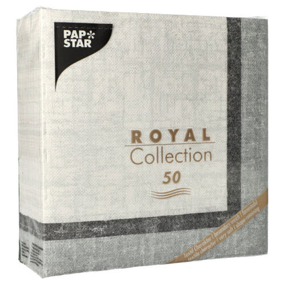 Το πακέτο "ROYAL Collection" της PAPSTAR GmbH περιλαμβάνει 50 υψηλής ποιότητας πετσέτες (40 x 40 cm, 1/4-Falz) με κυρίως λευκή και γκρι συσκευασία, τονισμένη με χρυσά και μαύρα γράμματα.