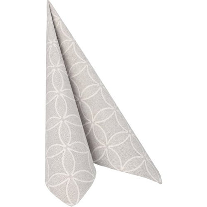 Η PAPSTAR 50 χαρτοπετσέτες "ROYAL Collection" 1/4-πτυχή 40 x 40 cm γκρι της PAPSTAR GmbH είναι μια ανοιχτό γκρι χαρτοπετσέτα με διακριτικό λευκό γεωμετρικό μοτίβο, κομψά διπλωμένη σε όρθιο τριγωνικό σχήμα σε λευκό φόντο.