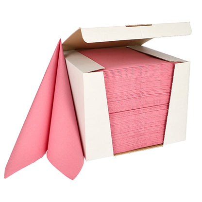 Eine weiße Box der PAPSTAR GmbH aus der ROYAL Collection, 40x40cm, 100 rosa Servietten 1/4-Falz, obere Klappe geöffnet mit zwei teilweise herausgezogenen Servietten.