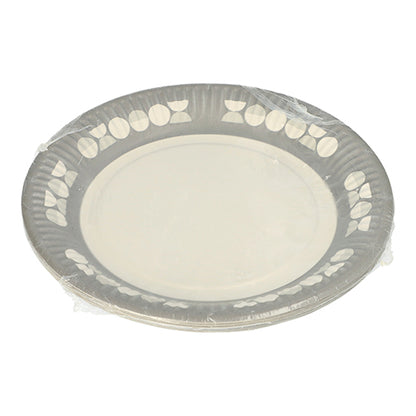 Ένας σωρός από PAPSTAR 10 πιάτα, στρογγυλό χαρτονένιο Ø 23 cm, της PAPSTAR GmbH, συσκευασμένα σε διαφανή μεμβράνη. Κάθε πιάτο μιας χρήσης έχει διακριτικό σχέδιο με φύλλα και κουκκίδες – ιδανικό για πάρτι και εκδηλώσεις.