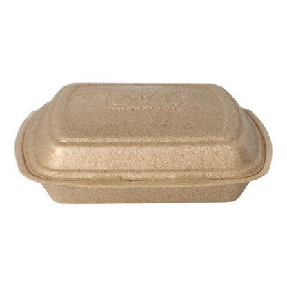 Ένα Starpak 50 Menübοxen με καπάκι XPP, μπεζ (7 x 20,5 x 24 cm), κλειστό ορθογώνιο κουτί μεταφοράς από μορφοποιημένες ίνες για ασφαλή μεταφορά τροφίμων, απεικονίζεται σε λευκό φόντο.