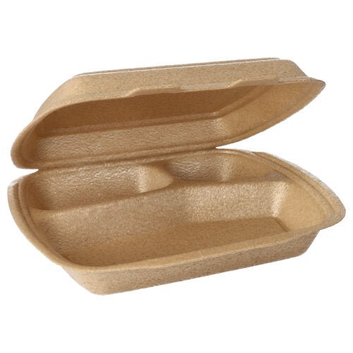 Τα Starpak 50 Menübοxen με καπάκι (μπεζ, 7x20,5x24 cm) είναι σε ανοιχτή κατάσταση με τα χωρισμένα τμήματα και την δομημένη επιφάνεια τους, ιδανικά για τη μεταφορά τροφίμων.