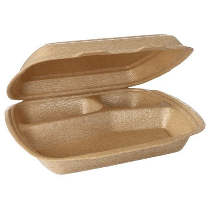Τα Starpak 50 Menübοxen με καπάκι (μπεζ, 7x20,5x24 cm) είναι σε ανοιχτή κατάσταση με τα χωρισμένα τμήματα και την δομημένη επιφάνεια τους, ιδανικά για τη μεταφορά τροφίμων.