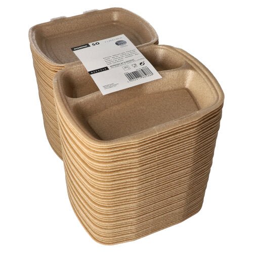 Μια στοίβα μπεζ Starpak 50 Menübοxen με καπάκι (XPP, 7x20,5x24 cm) με λευκή ετικέτα με πληροφορίες προϊόντος και γραμμωτούς κώδικες. Τα κουτιά έχουν ελαφρώς ανυψωμένες άκρες και είναι ιδανικά για τη μεταφορά τροφίμων.