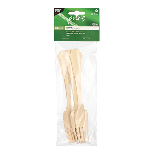 Σε μια διαφανή πλαστική συσκευασία βρίσκονται έξι μπεζ, βιοδιασπώμενα PAPSTAR ξύλινα πιρούνια "pure" 19,5 cm σε vintage σχεδιασμό, με μια πράσινο-λευκή κορυφαία ετικέτα με πληροφορίες προϊόντος της PAPSTAR GmbH.