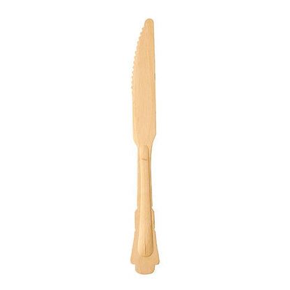 Ένα PAPSTAR ξύλινο μαχαίρι "pure" 20,5 cm της PAPSTAR GmbH στέκεται όρθιο μπροστά σε λευκό φόντο και δείχνει τη κυματοειδή του λεπίδα, τη επίπεδη λαβή και το διακριτικό vintage σχέδιο του· εδώ ένα από τα έξι μαχαίρια του σετ.
