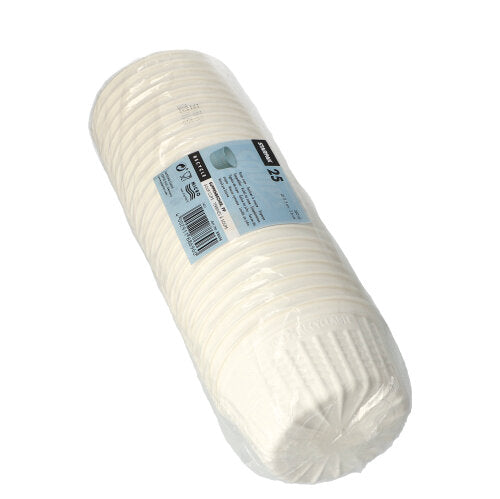 Μια συσκευασία με 25 λευκά Starpak Suppenbecher "To Go", PP, 500 ml, Ø 11,5 cm, συσκευασμένα σε διαφανή πλαστική συσκευασία με μπλε-μαύρη ετικέτα.