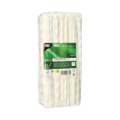 Μια διαφανής συσκευασία περιέχει 100 PAPSTAR-χάρτινα καλαμάκια (Ø 6 mm, 20 cm), μεμονωμένα συσκευασμένα. Η συσκευασία δείχνει τα καλαμάκια και περιέχει πληροφορίες προϊόντος με το εμπορικό σήμα της PAPSTAR GmbH και το γραμμωτό κώδικα.