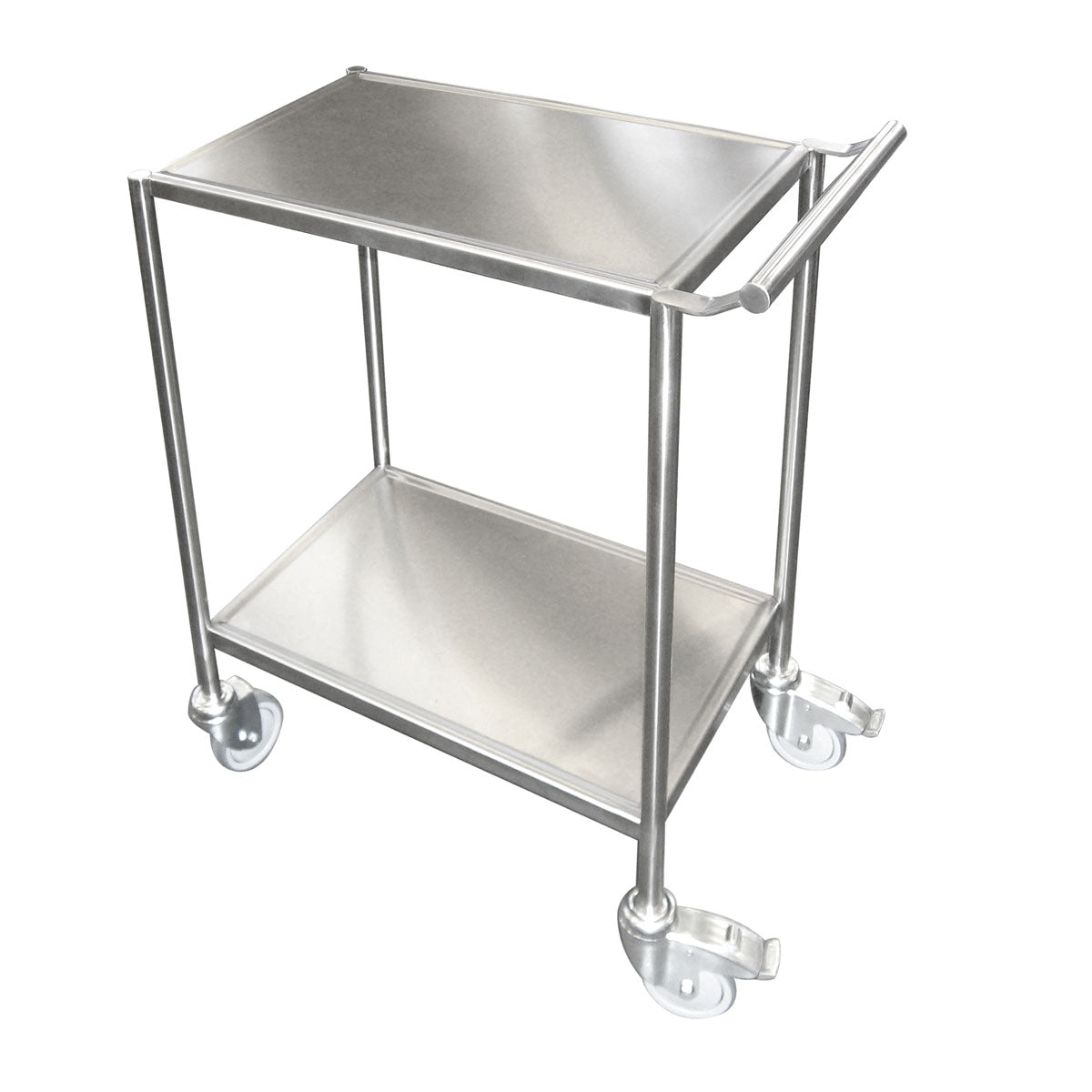 Der Trolley für DF20/25 von Duni GmbH aus silbernem Edelstahl (900x650x670 mm) bietet zwei stabile Ablagen, vier Rollen und einen Griff - ideal zum Transport in Krankenhäusern, Küchen oder als industrieller Trolley.