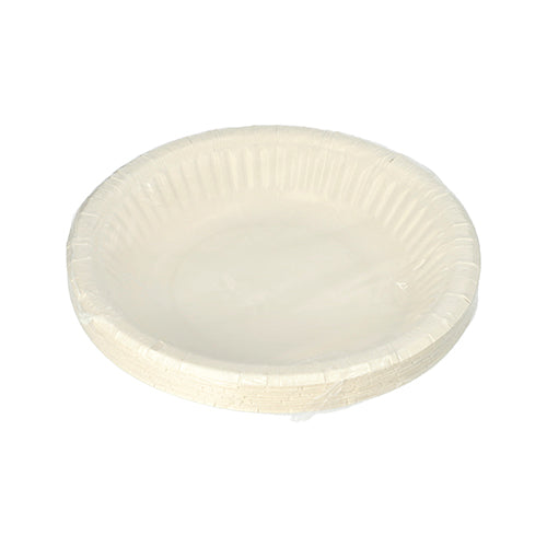 Ein 12er-Pack PAPSTAR Schalen rund (19 cm, 3 cm hoch, weiß) der PAPSTAR GmbH mit geriffeltem Rand wird in Schrumpffolie verpackt vor weißem Hintergrund gezeigt - ideal für Partys und Feste.