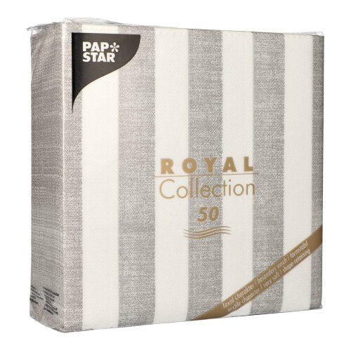 Η PAPSTAR GmbH προσφέρει μια συσκευασία 50 "ROYAL Collection" χαρτοπετσετών (1/4-πτυχή, 40x40 cm) σε γκρι. Η συσκευασία δείχνει έναν κομψό χρυσό κείμενο σε γκρι και λευκό κάθετο ριγέ σχέδιο.
