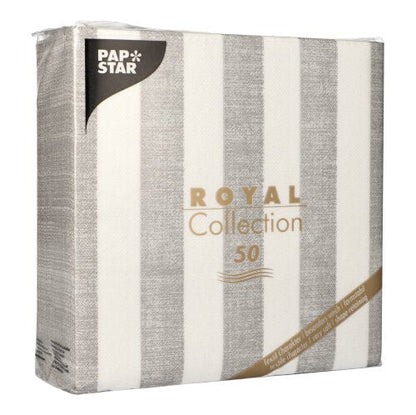 Η PAPSTAR GmbH προσφέρει μια συσκευασία 50 "ROYAL Collection" χαρτοπετσετών (1/4-πτυχή, 40x40 cm) σε γκρι. Η συσκευασία δείχνει έναν κομψό χρυσό κείμενο σε γκρι και λευκό κάθετο ριγέ σχέδιο.