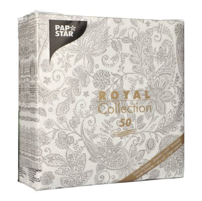 Μια συσκευασία 50 PAPSTAR χαρτοπετσετών "ROYAL Collection" 40x40 cm, 1/4-πτυχή σε γκρι με κομψό λουλουδάτο και φιλιγκράν μοτίβο, από υψηλής ποιότητας υλικό, αρχική συσκευασία της PAPSTAR GmbH.