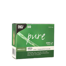 Ένα πράσινο κουτί με την επιγραφή "PAPSTAR pure" περιέχει 50 μπαμπού-γκεφφέλ της PAPSTAR GmbH με μήκος 8,5 cm το καθένα - ιδανικό για fingerfood. Η συσκευασία είναι διακοσμημένη με μοτίβα από μπαμπού και πολυγλωσσικό κείμενο και είναι κατάλληλη για βιώσιμες ανάγκες πάρτι.