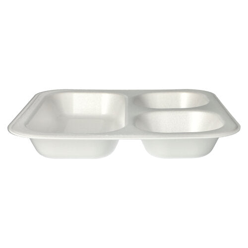 Ein weißes, rechteckiges Starpak 50 Siegelschalen XPS-Lebensmitteltablett (4,2 x 24,5 x 26,5 cm, laminiert), mit drei Fächern – ideal für Gastronomie und hygienisches Verpacken.