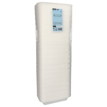 Μια ψηλή στοίβα λευκών, λαμιναρισμένων Starpak 100 Siegelschalen από XPS, συσκευασμένη σε διάφανη μεμβράνη με μπλε ετικέτα – ιδανική για χρήση στη γαστρονομία.