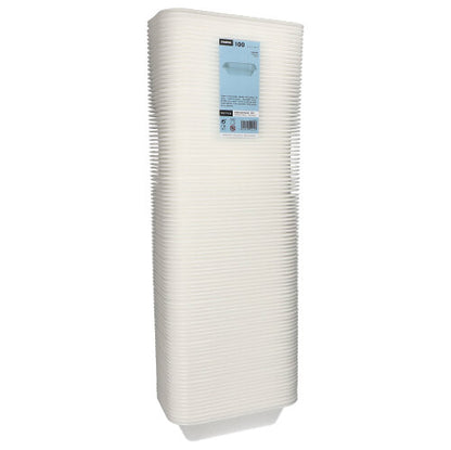 Απεικονίζεται μια ψηλή στοίβα από Starpak 100 Siegelschalen, XPS λευκό λαμιναρισμένο, σε πλαστική συσκευασία με μπλε ετικέτα μπροστά με πληροφορίες προϊόντος – ιδανική για χρήση στη γαστρονομία.