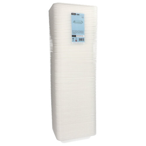 Απεικονίζεται μια ψηλή στοίβα λευκών, ορθογώνιων Starpak 100 Siegelschalen, XPS λευκό λαμιναρισμένο, από την Starpak. Η επάνω πιατέλα φέρει μια μπλε ετικέτα προϊόντος, που αναδεικνύει αυτήν την πρακτική λύση συσκευασίας.