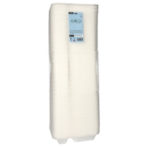 Ένας σωρός από 100 δοχεία τροφίμων Starpak από λευκό, λαμιναρισμένο XPS με δύο διαμερίσματα, ανυψωμένες άκρες, ορθογώνιο σχήμα και μια μπλε ετικέτα στην κορυφή. Μάρκα: Starpak.