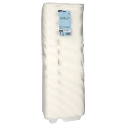 Ένας σωρός από 100 δοχεία τροφίμων Starpak από λευκό, λαμιναρισμένο XPS με δύο διαμερίσματα, ανυψωμένες άκρες, ορθογώνιο σχήμα και μια μπλε ετικέτα στην κορυφή. Μάρκα: Starpak.