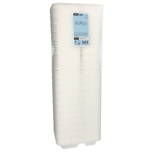 Απεικονίζεται ένας υψηλός σωρός λευκών, ορθογώνιων πλαστικών δοχείων τροφίμων από την Starpak με την επιγραφή «Starpak 100 Siegelschalen, XPS 2-διαμερισμάτων λευκό λαμιναρισμένο».