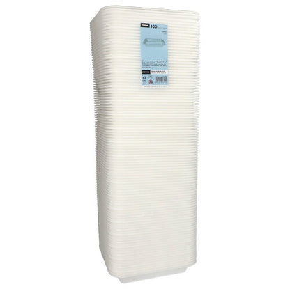 Ένας κάθετος σωρός από Starpak 100 Siegelschalen XPS 2-διαμερισμάτων λευκό λαμιναρισμένο, κατασκευασμένος από ελαφρύ αφρό, με μια ετικέτα προϊόντος στο πάνω δοχείο.