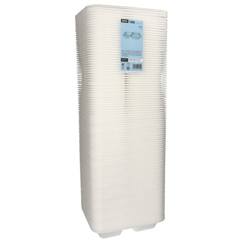 Μια στοίβα από 100 Starpak Siegelschalen, XPS 3-διαιρεμένες, 925 ml οβάλ, λευκές επικαλυμμένες πλάκες (4,2 x 21,2 x 25 cm), που χρησιμοποιούνται ως συσκευασία τροφίμων και έχουν ετικέτα προϊόντος, απεικονίζεται μπροστά από ένα απλό λευκό φόντο.