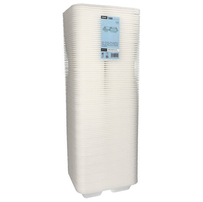 Μια στοίβα από 100 Starpak Siegelschalen, XPS 3-διαιρεμένες, 925 ml οβάλ, λευκές επικαλυμμένες πλάκες (4,2 x 21,2 x 25 cm), που χρησιμοποιούνται ως συσκευασία τροφίμων και έχουν ετικέτα προϊόντος, απεικονίζεται μπροστά από ένα απλό λευκό φόντο.