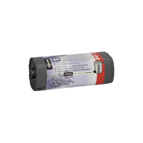 Ένας ρόλος Starpak 20 σακούλες απορριμμάτων από LDPE, γκρι με άρωμα λεβάντας (30 l, 60x50 cm), περιέχει 20 αρωματικές σακούλες ανά συσκευασία. Η ετικέτα δείχνει λεπτομέρειες προϊόντος καθώς και μια εικόνα λεβάντας.