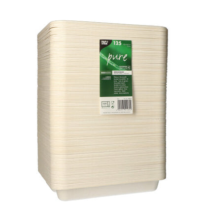 Φαίνεται μια στοίβα από 125 PAPSTAR τριμερείς σφραγισμένες πιατέλες από ζαχαροκάλαμο της μάρκας PAPSTAR GmbH, τακτικά στοιβαγμένες με πράσινη ετικέτα σε λευκό φόντο. Οι πιατέλες είναι μπεζ και βιοδιασπώμενες.