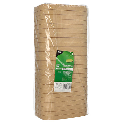 Ένας σωρός καφέ καπάκια PAPSTAR για συσκευασίες, ορθογώνια (2x17,3x12,3 cm, 25 κομμάτια), συσκευασμένος σε διαφανή μεμβράνη, με πράσινη-λευκή ετικέτα της PAPSTAR GmbH με πληροφορίες προϊόντος στην μπροστινή πλευρά.