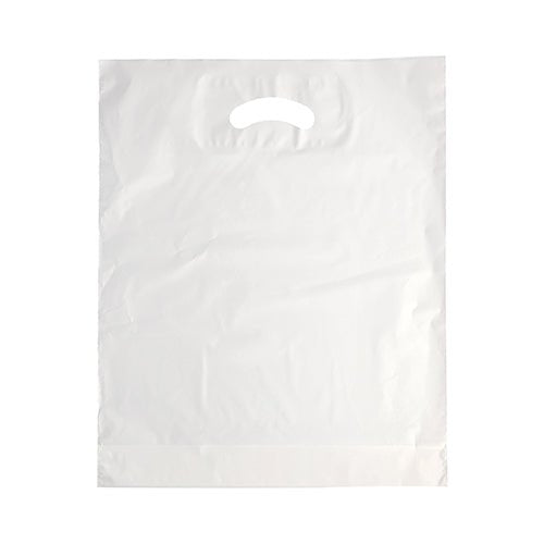 Οι σακούλες μεταφοράς Starpak 100 με τρύπα για λαβή, HDPE λευκό, είναι αχρησιμοποίητες, λευκές πλαστικές σακούλες με διάτρητη λαβή. Αυτή η ορθογώνια σακούλα Starpak είναι γνωστή για την αντοχή και τη λειτουργικότητά της και έχει φωτογραφηθεί μπροστά από ένα λευκό φόντο.