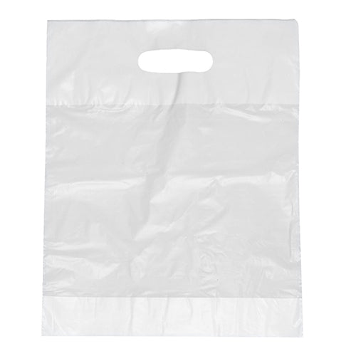 Οι σακούλες μεταφοράς Starpak 100 με τρύπα για λαβή, HDPE λευκό από την Starpak είναι διαφανείς, ανθεκτικές, ορθογώνιες σακούλες με διάτρητη λαβή, που απεικονίζονται άδειες μπροστά από ένα απλό λευκό φόντο.