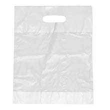 Οι σακούλες μεταφοράς Starpak 100 με τρύπα για λαβή, HDPE λευκό από την Starpak είναι διαφανείς, ανθεκτικές, ορθογώνιες σακούλες με διάτρητη λαβή, που απεικονίζονται άδειες μπροστά από ένα απλό λευκό φόντο.