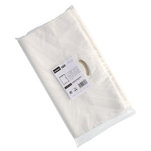 Μια διαφανής πλαστική συσκευασία περιέχει 100 λευκές σακούλες μεταφοράς Starpak με τρύπα για λαβή από HDPE. Οι ανθεκτικές σακούλες, η τρύπα για τη λαβή και η ετικέτα προϊόντος με το γραμμωτό κώδικα είναι ορατά μέσω της συσκευασίας. Μάρκα: Starpak.