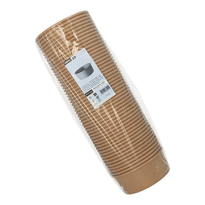 Μια συσκευασία με 50 σαλατιέρες Starpak, στρογγυλά, καφέ χαρτονένια μπολ με επικάλυψη PE, σε διαφανή πλαστική μεμβράνη με λευκή ετικέτα πληροφοριών - ιδανική για φιλική προς το περιβάλλον συσκευασία. Μάρκα: Starpak.