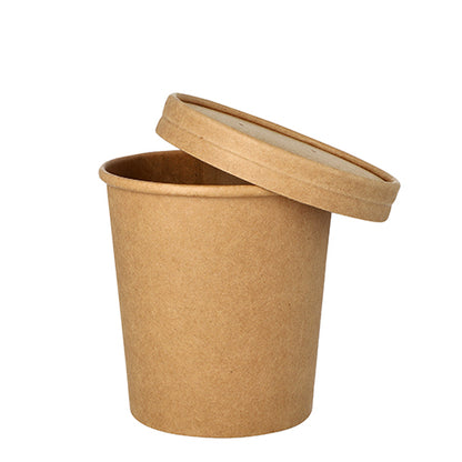 Ένα Starpak 25 φλιτζάνια σούπας, στρογγυλά από χαρτόνι (470ml, Ø 9,8cm, 10cm καφέ) με αντίστοιχο καπάκι βρίσκεται λοξά σε λευκή επιφάνεια.