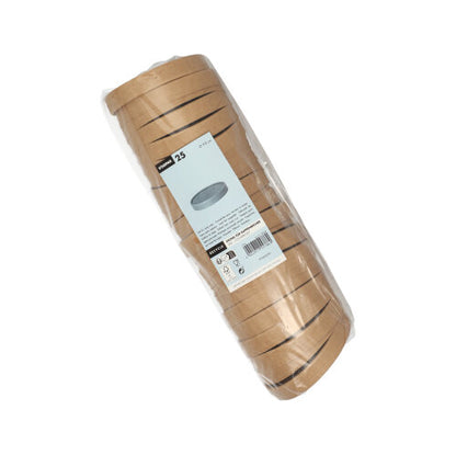 Ένας σωρός από 25 στρογγυλά καπάκια Starpak για κύπελλα σούπας από χαρτόνι, τυλιγμένα σε πλαστική μεμβράνη και εφοδιασμένα με μια ετικέτα που αναφέρει την ποσότητα και τη χρήση, παρουσιάζεται μπροστά σε λευκό φόντο - ιδανικό για συνδυασμό με κύπελλα σούπας Starpak.