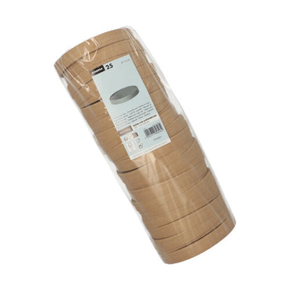 Μια διαφανής συσκευασία με 25 στρογγυλά, καφέ χαρτονένια καπάκια Starpak για κύπελλα σούπας είναι πυκνά στοιβαγμένη. Η συσκευασία διαθέτει μια λευκή ετικέτα - τέλεια ταιριαστή με το κύπελλο σούπας Starpak για άνετο σερβίρισμα.