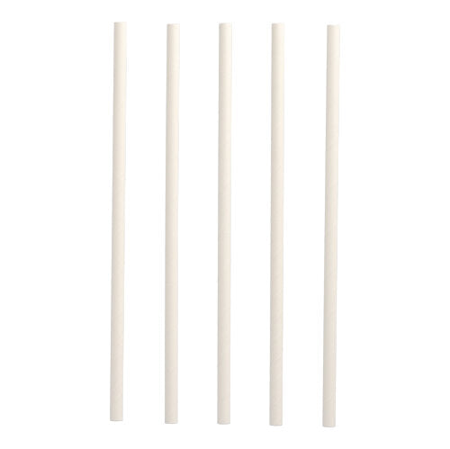 Πέντε PAPSTAR καλαμάκια Shake από χαρτί (Ø 8 mm, 25 cm) της PAPSTAR GmbH είναι τοποθετημένα κάθετα σε λευκό φόντο και προσφέρουν μια βιώσιμη εναλλακτική σε παραδοσιακά καλαμάκια.