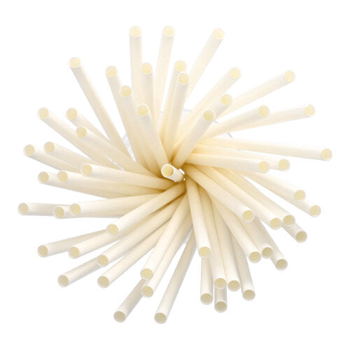 Ένα σύνολο από PAPSTAR καλαμάκια Shake από χαρτί Ø 8 mm, 25 cm (135 τεμάχια) της PAPSTAR GmbH είναι τοποθετημένο σε κυκλικό, ακτινωτό μοτίβο και φαίνεται από πάνω σε λευκό φόντο.