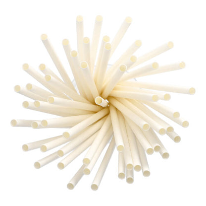 Ένα σύνολο από PAPSTAR καλαμάκια Shake από χαρτί Ø 8 mm, 25 cm (135 τεμάχια) της PAPSTAR GmbH είναι τοποθετημένο σε κυκλικό, ακτινωτό μοτίβο και φαίνεται από πάνω σε λευκό φόντο.
