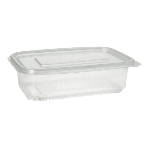 Ein Starpak 50 Verpackungsbecher mit Klappdeckeln, PP transparent rechteckig, ruht auf einem schlichten weißen Hintergrund mit geschlossenem durchsichtigen Deckel.