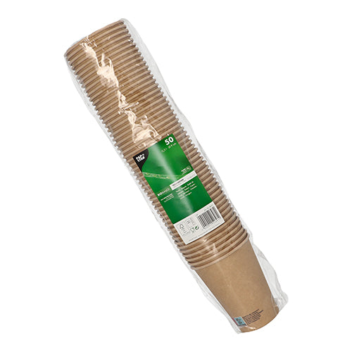 Ένα πακέτο με 50 ποτήρια από χαρτόνι (0,3 l) της PAPSTAR GmbH από ανθεκτικό χαρτόνι, τυλιγμένο σε διαφανές φιλμ και με πράσινη ετικέτα μπροστά με πληροφορίες για το προϊόν.