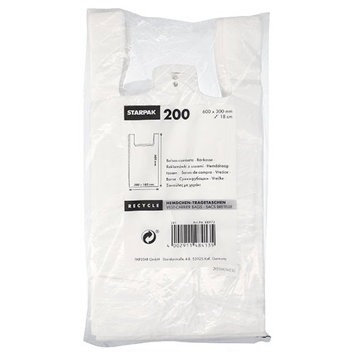 Μια συσκευασία με 200 σακούλες μεταφοράς Starpak, HDPE λευκό, με διαστάσεις προϊόντος και πληροφορίες ανακύκλωσης φιλικές προς το περιβάλλον, που είναι τυπωμένες σε πολλές γλώσσες στη συσκευασία.