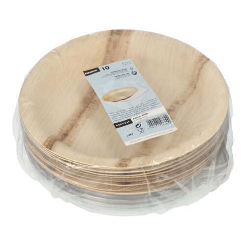 Ein Stapel runder, heller Starpak Palmblatt-Einwegteller (Ø 23 cm, 500 ml, mit rPET-Deckel), Kombipack in Schrumpffolie (10 Stück), mit weißem Produktlabel oben.