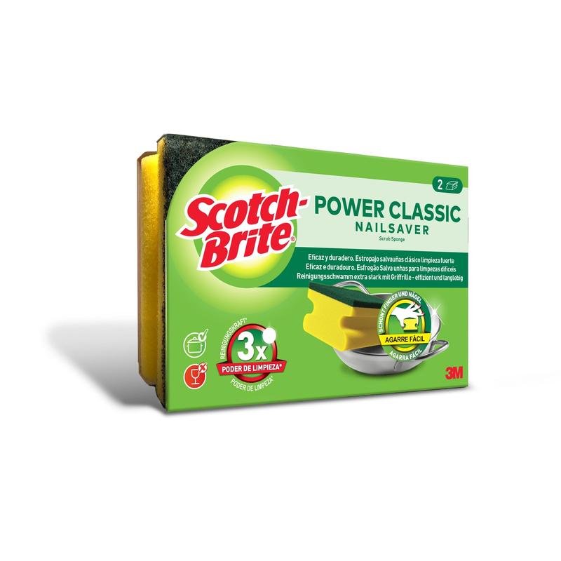 Μια συσκευασία Scotch-Brite® Classic σφουγγάρι λαβής (2 τεμάχια), από την 3M Deutschland GmbH, με κίτρινα σφουγγάρια και πράσινη επιφάνεια τριψίματος. Με καθαριστική απόδοση και εργονομικό σχεδιασμό, λογότυπο 3M στη συσκευασία.