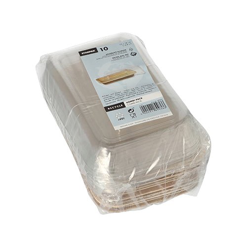 Μια στοίβα από Starpak 10 Schalen, Palmblatt με καπάκι rPET "Kombipack" είναι τυλιγμένη σε πλαστική μεμβράνη. Ο ανώτερος περιέκτης φέρει ετικέτα με γραμμωτό κώδικα, κείμενο και φιλικά προς το περιβάλλον σύμβολα ανακύκλωσης.