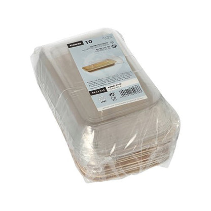 Μια στοίβα από Starpak 10 Schalen, Palmblatt με καπάκι rPET "Kombipack" είναι τυλιγμένη σε πλαστική μεμβράνη. Ο ανώτερος περιέκτης φέρει ετικέτα με γραμμωτό κώδικα, κείμενο και φιλικά προς το περιβάλλον σύμβολα ανακύκλωσης.
